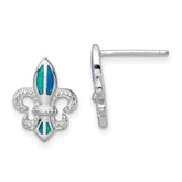 Sterling Silver Rhodium-plated Polished & Beaded Blue Created Opal Fleur De Lis Post Earrings